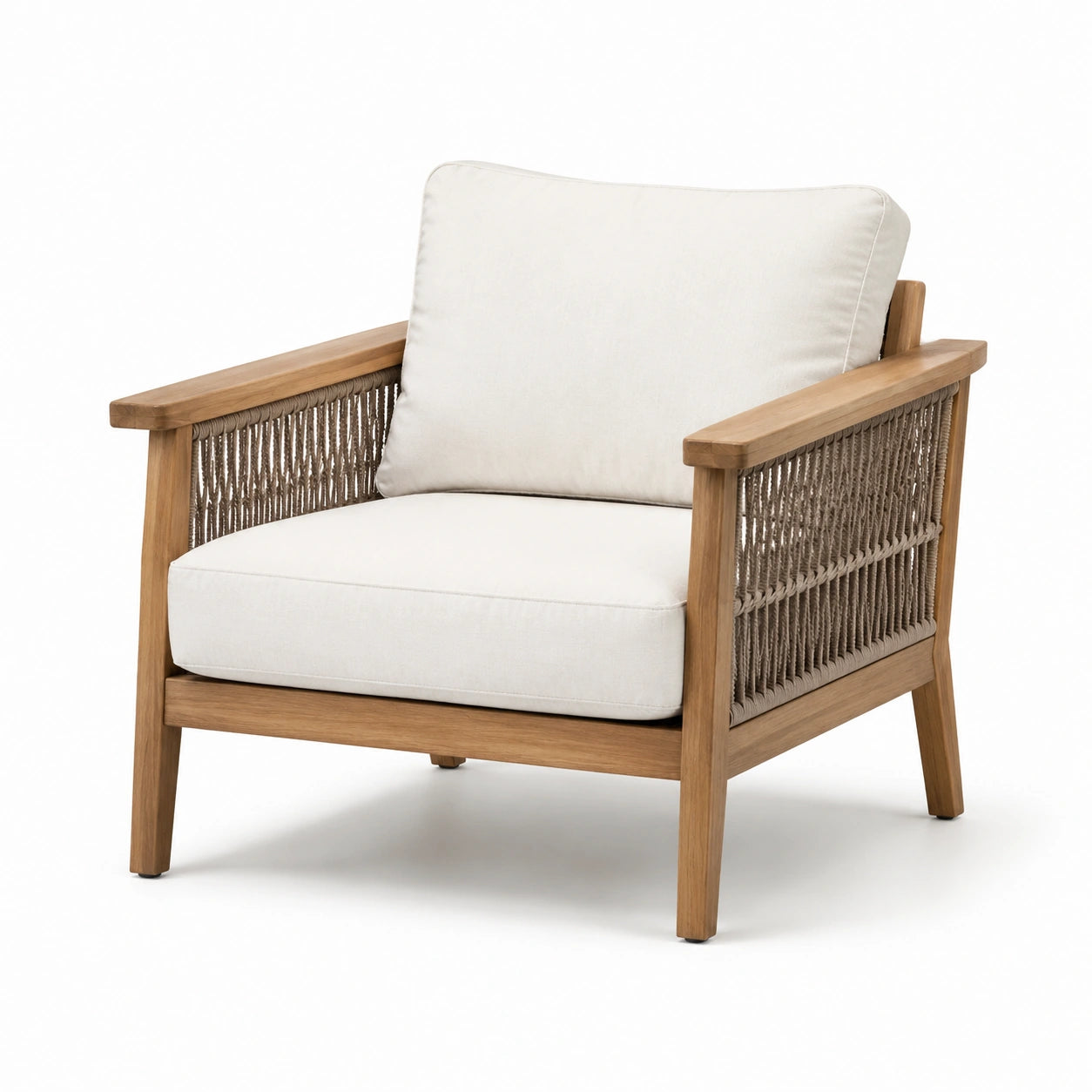 Poltrona da giardino in legno di teak con cuscini in poliestere bianco