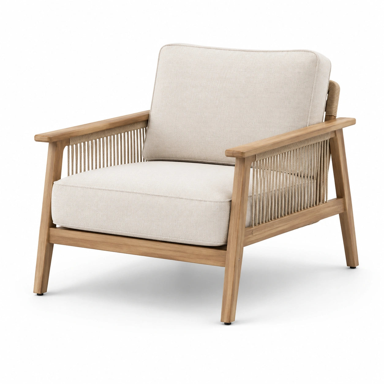 Poltrona in legno di teak con cuscini in poliestere beige
