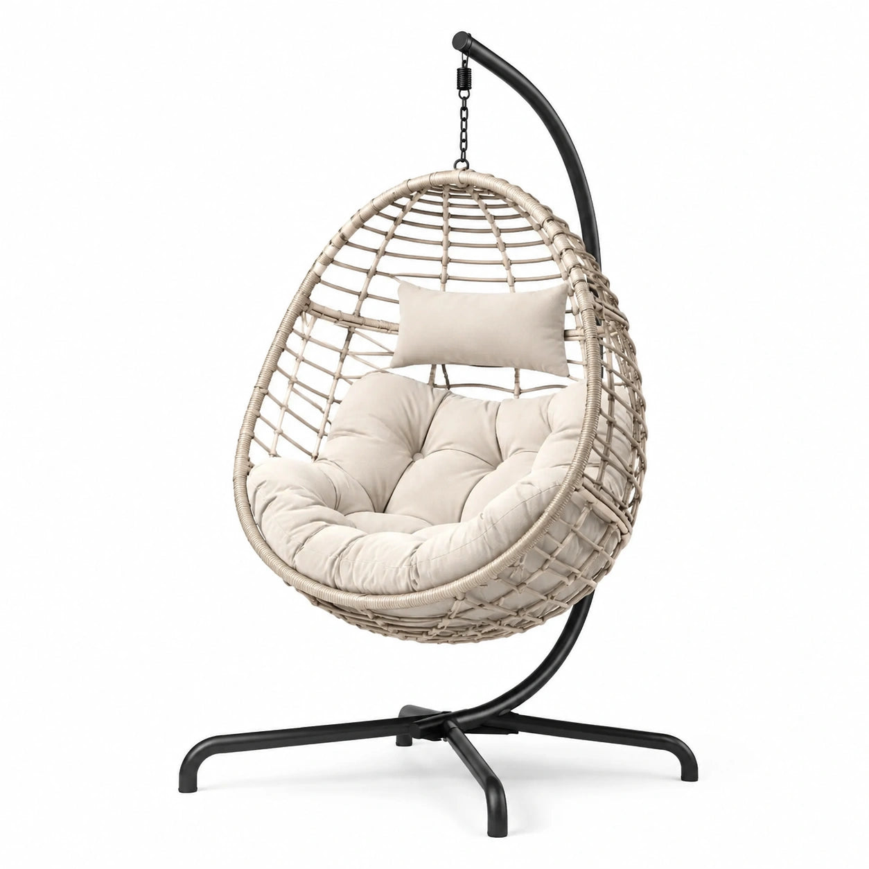 Sedia sospesa in rattan sintetico con cuscino beige