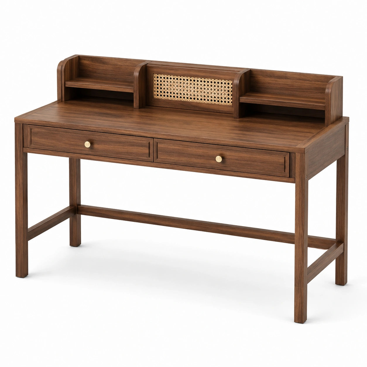 Scrivania in legno con dettagli in rattan