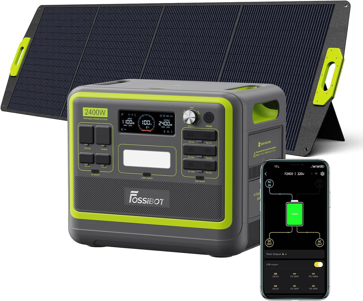FOSSiBOT Aggregat F2400 Generator op zonne-energie (2400 W), met 200 W zonnepaneel op balkon, 3 x 2400 W AC-uitgangen (4800 W piek), 1100 W, stuk