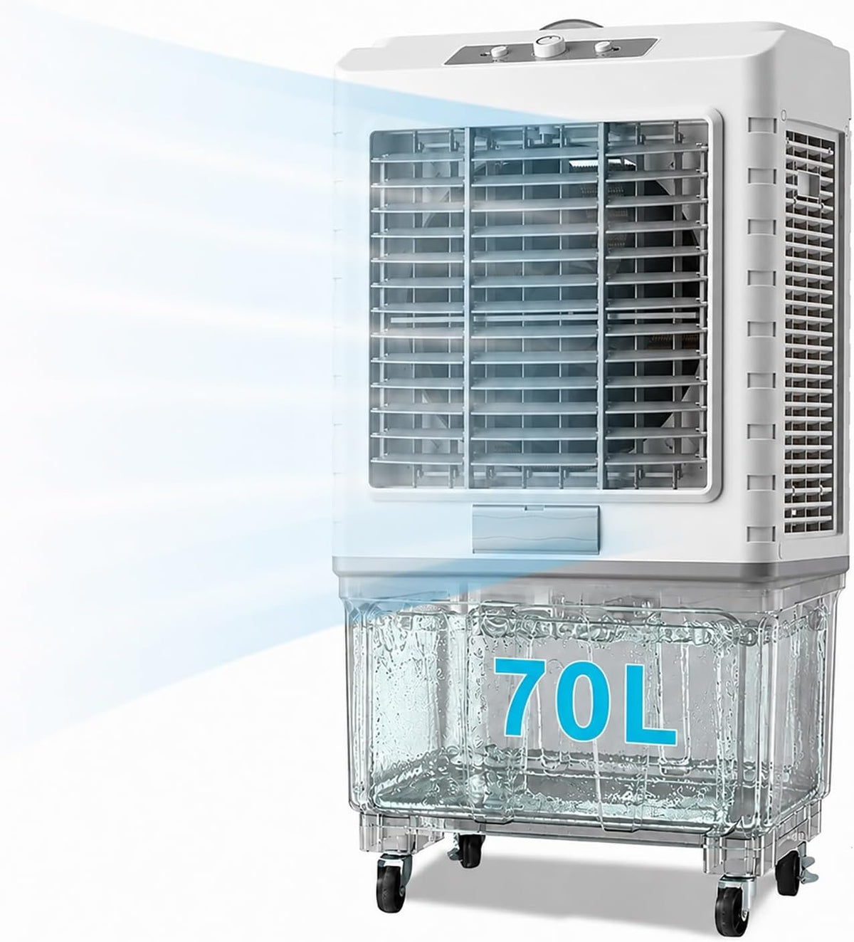 Mobiele airco Verdampingsluchtkoeler, met tank 70 liter, met 3 snelheden, 120 ° oscillatie, met wiel, industriële moerasluchtkoeler