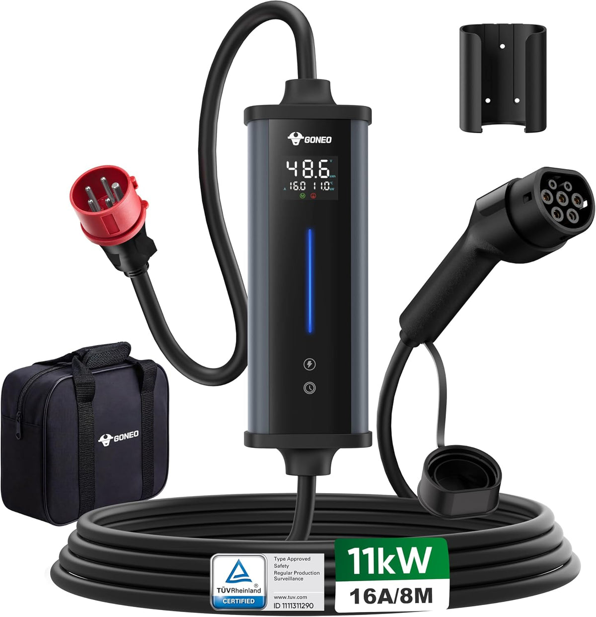 Goneo Oplaadstations Mobiele Wallbox 11 kW 8 m, Type 2 Oplaadkabel Driefasig CEE 16A, Instelbaar 6A/8A/10A/16A, met Timerfunctie