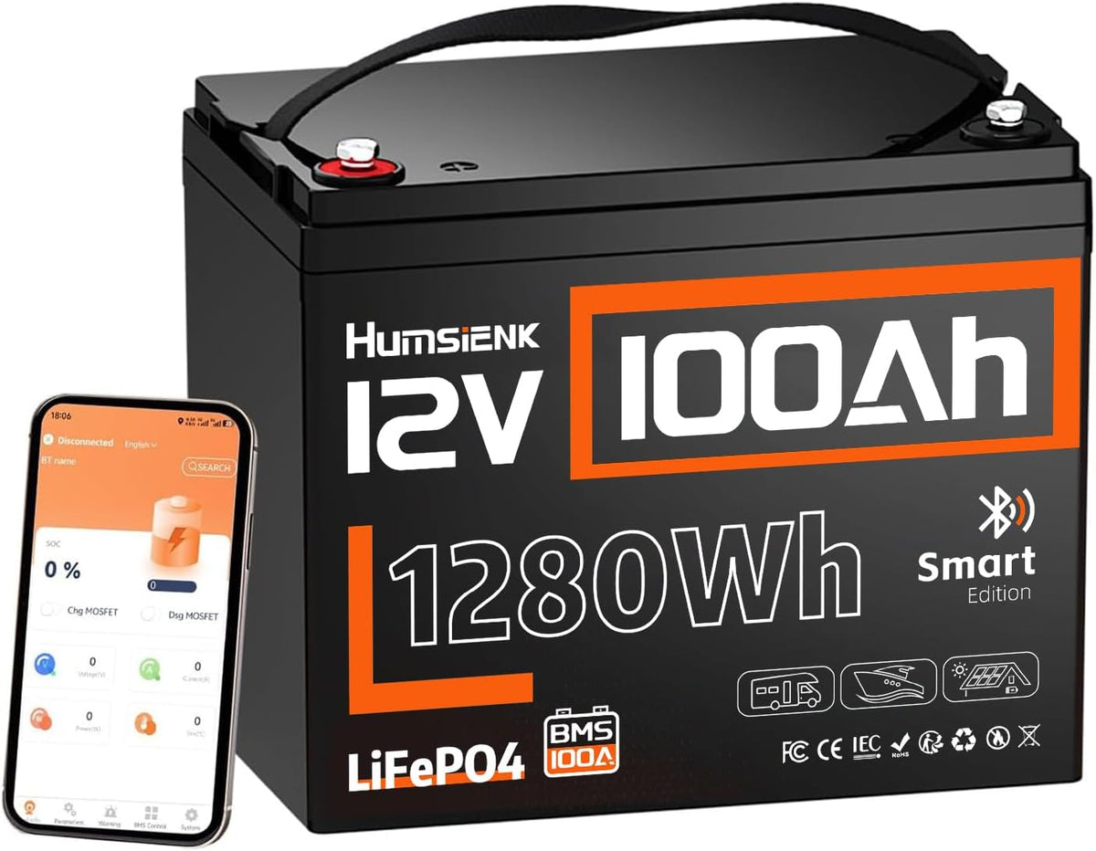 HumsiENK Stationaire accu's LiFePO4 Autoaccu 12V 100Ah Bluetooth, 100A BMS, meer dan 15000 keer lage cyclus, 1280W, lithiumaccu, voor camper, camping