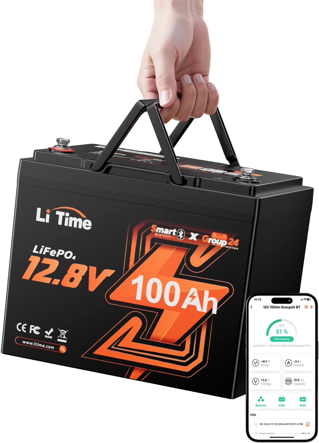 Litime Stationaire accu's 12V 100Ah LiFePO4, met Bluetooth, voor Campers en Zonne, Energie