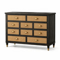 Cassettiera in Legno e Rattan con 9 Cassetti, Nero e Naturale