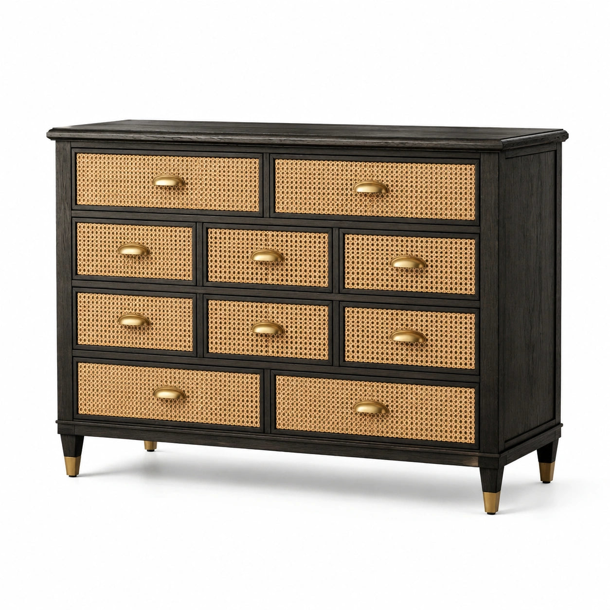 Cassettiera in Legno e Rattan con 9 Cassetti, Nero e Naturale