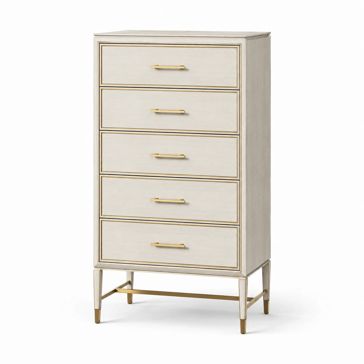 Cassettiera in legno con maniglie in metallo dorato, colore avorio, 100x45x140 cm