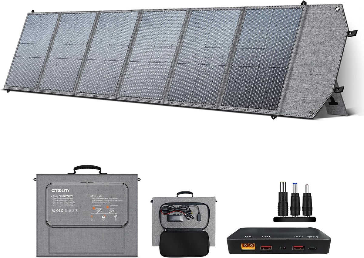 Ctolity Monokristallijne zonnepanel Opvouwbaar zonnepaneel, 200 W, IP65 waterdicht, zonnepaneelset, compact en licht, draagbare zonne-oplader