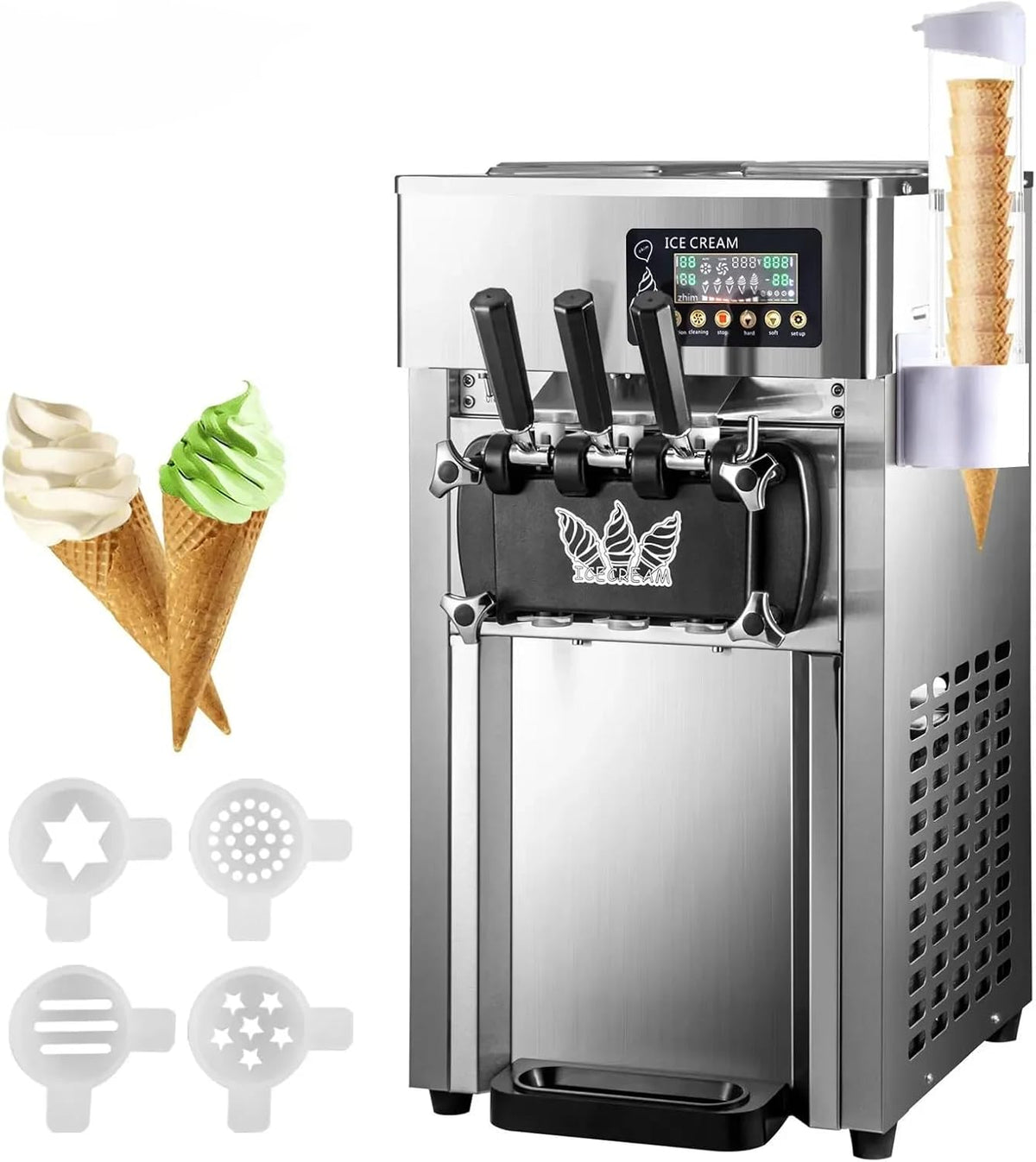 Ijsmachine Zhimai Commerciële, 18 l/u, 1200 W, 3 smaken, zachte service, met lcd-paneel, automatische reiniging, voor yoghurt, koffie, snackbar, markt