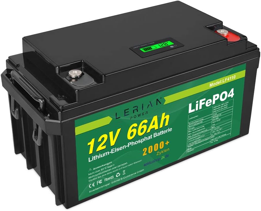 Lerian Power Oplaadbare batterij LiFePO4 Accu, 12 V, 66 Ah, lithium-ijzerfosfaatbatterij, voor camping, boot, zonne-energie