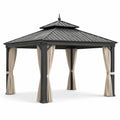 Gazebo in acciaio con tetto in metallo e tende in poliestere nero/beige