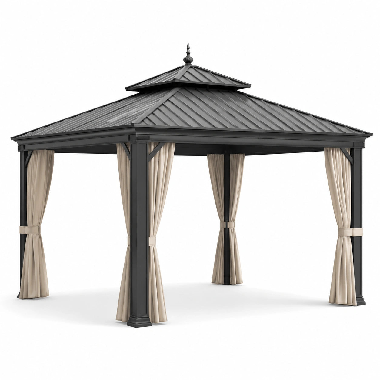 Gazebo in acciaio con tetto in metallo e tende in poliestere nero/beige