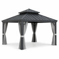 Gazebo in Alluminio con Tetto in Metallo e Tende in Poliestere Grigie