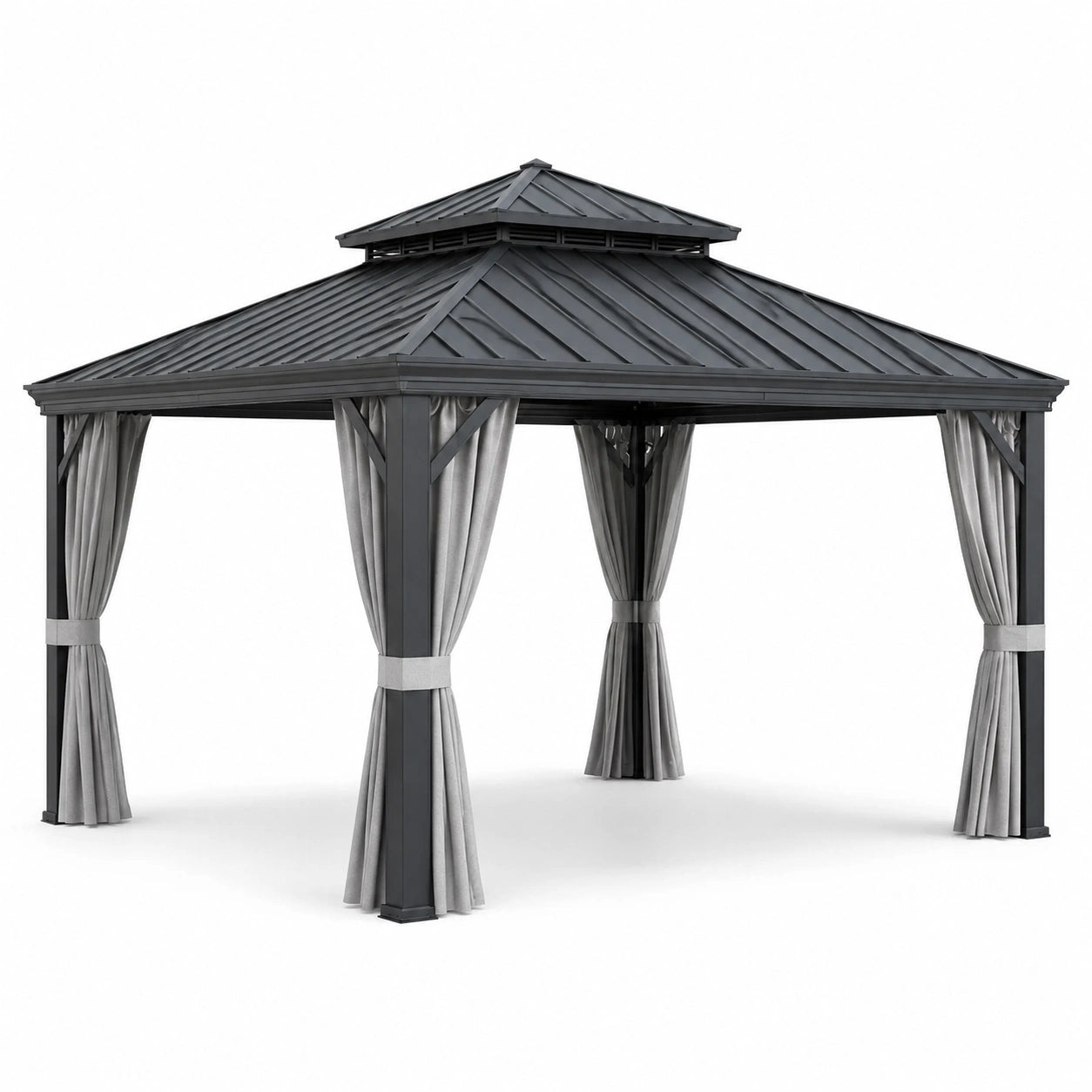 Gazebo in Alluminio con Tetto in Metallo e Tende in Poliestere Grigie