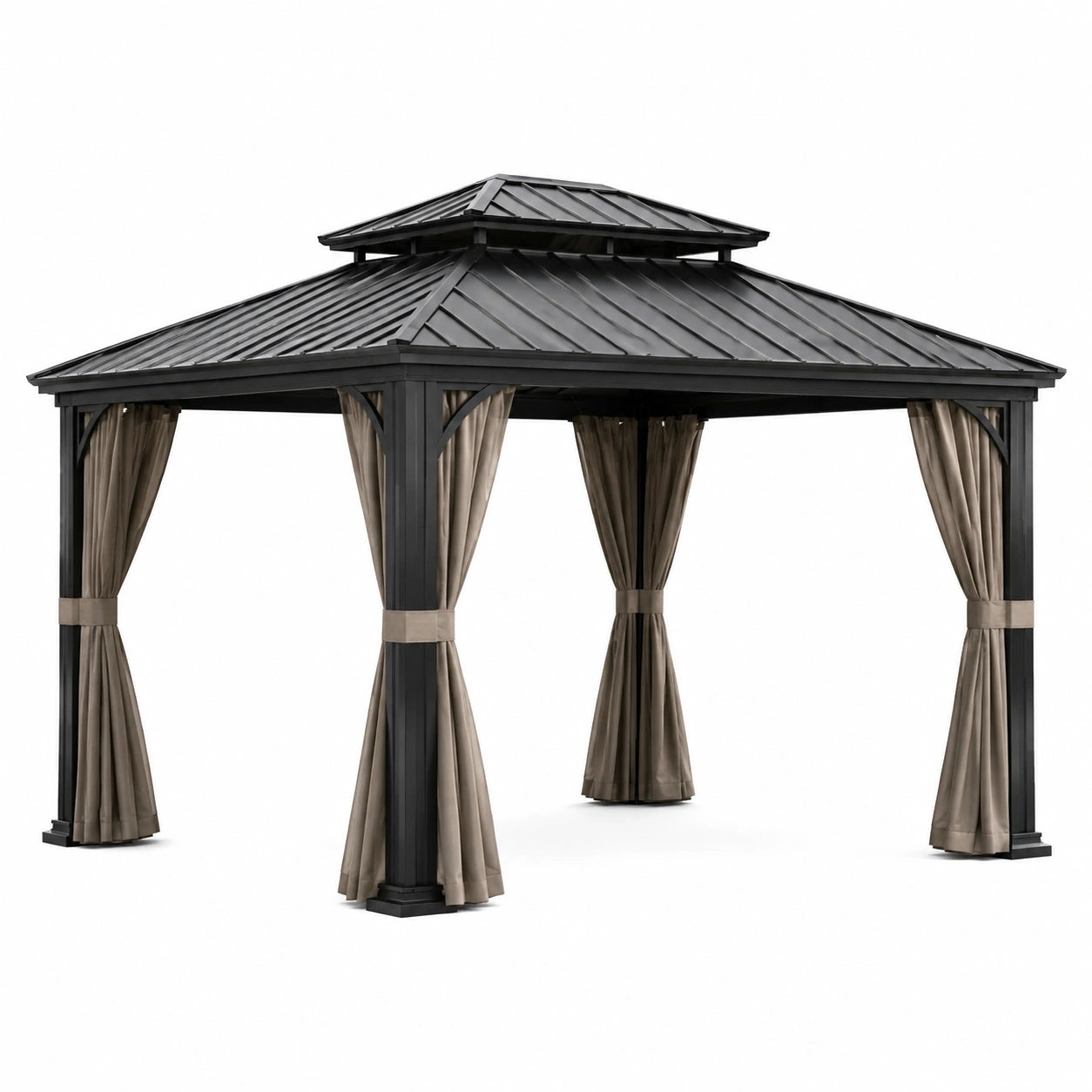 Gazebo in metallo con tende in poliestere 300x300x270 cm nero e beige
