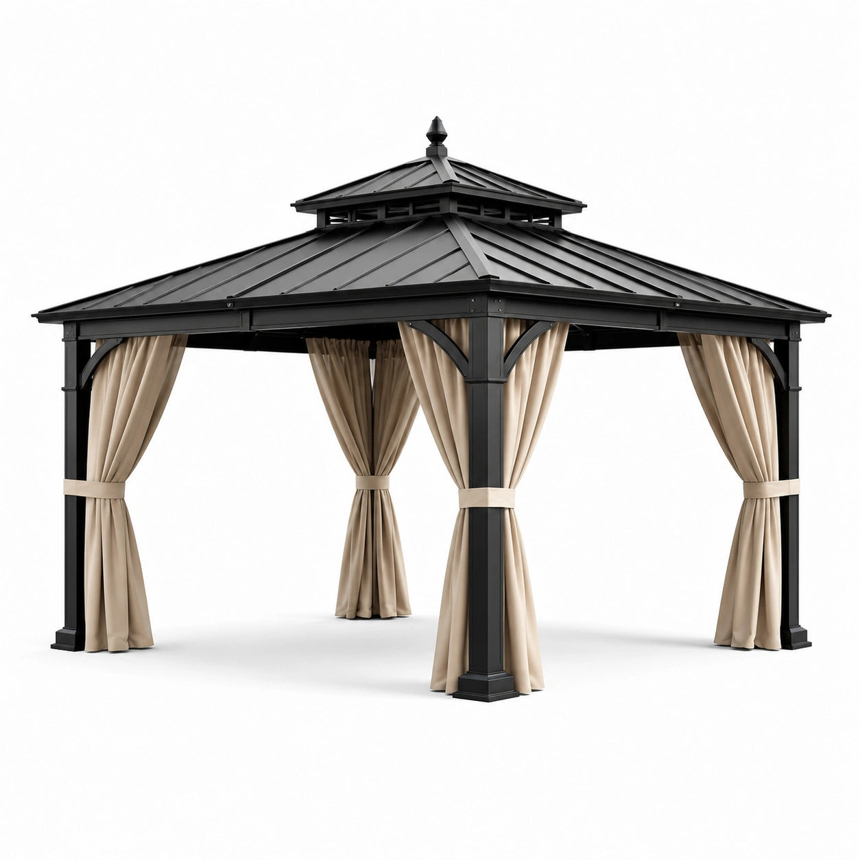 Gazebo in metallo nero con tende in poliestere beige