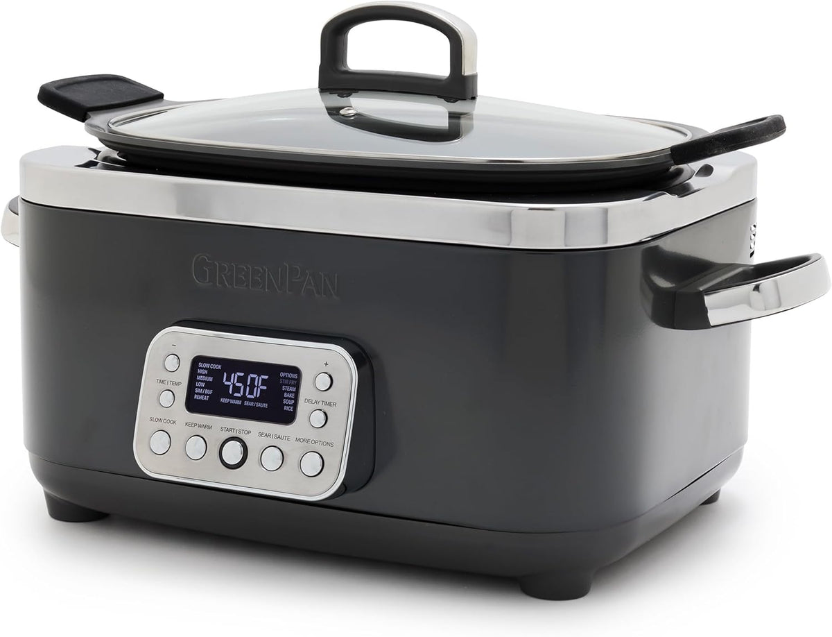 GreenPan Slowcooker Elite 8-in-1 Programmable 6QT Electric Slow Cooker, Dishwasher Safe Lid & Removable Crock, PFAS, Sear, Sauté/Brown, Steam Basket