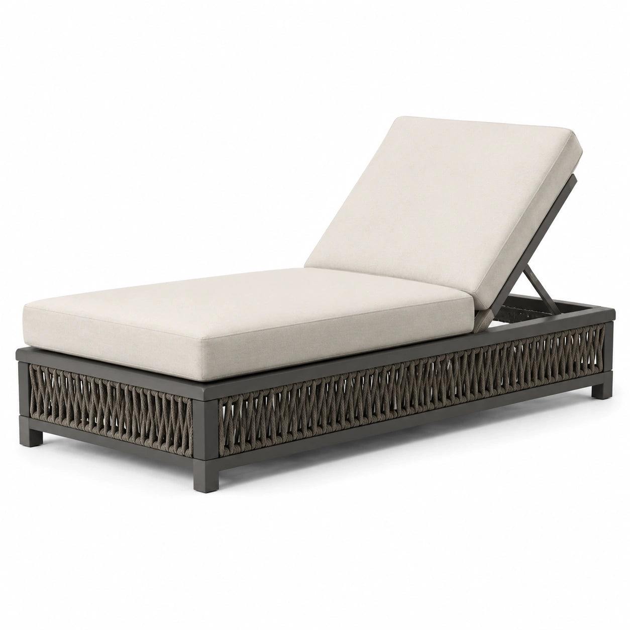 Lettino prendisole in alluminio con intreccio in corda e cuscino beige