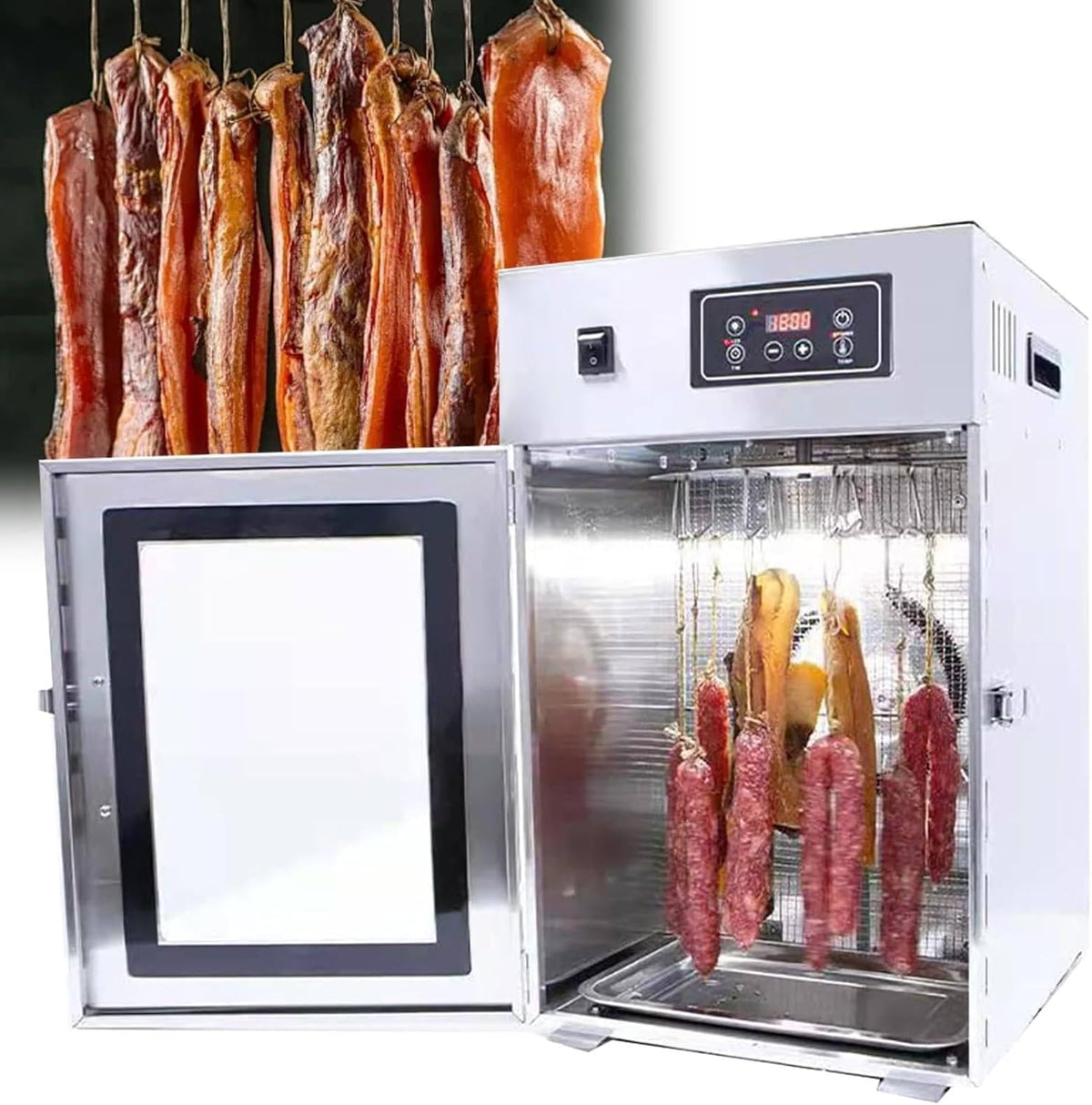 Ylanmei Voedseldroger 800W commerciële grote, 30-90°C temperatuurregeling, roestvrijstalen Biltong-box droogkast, voor gedroogde worst, rundvlees, kip