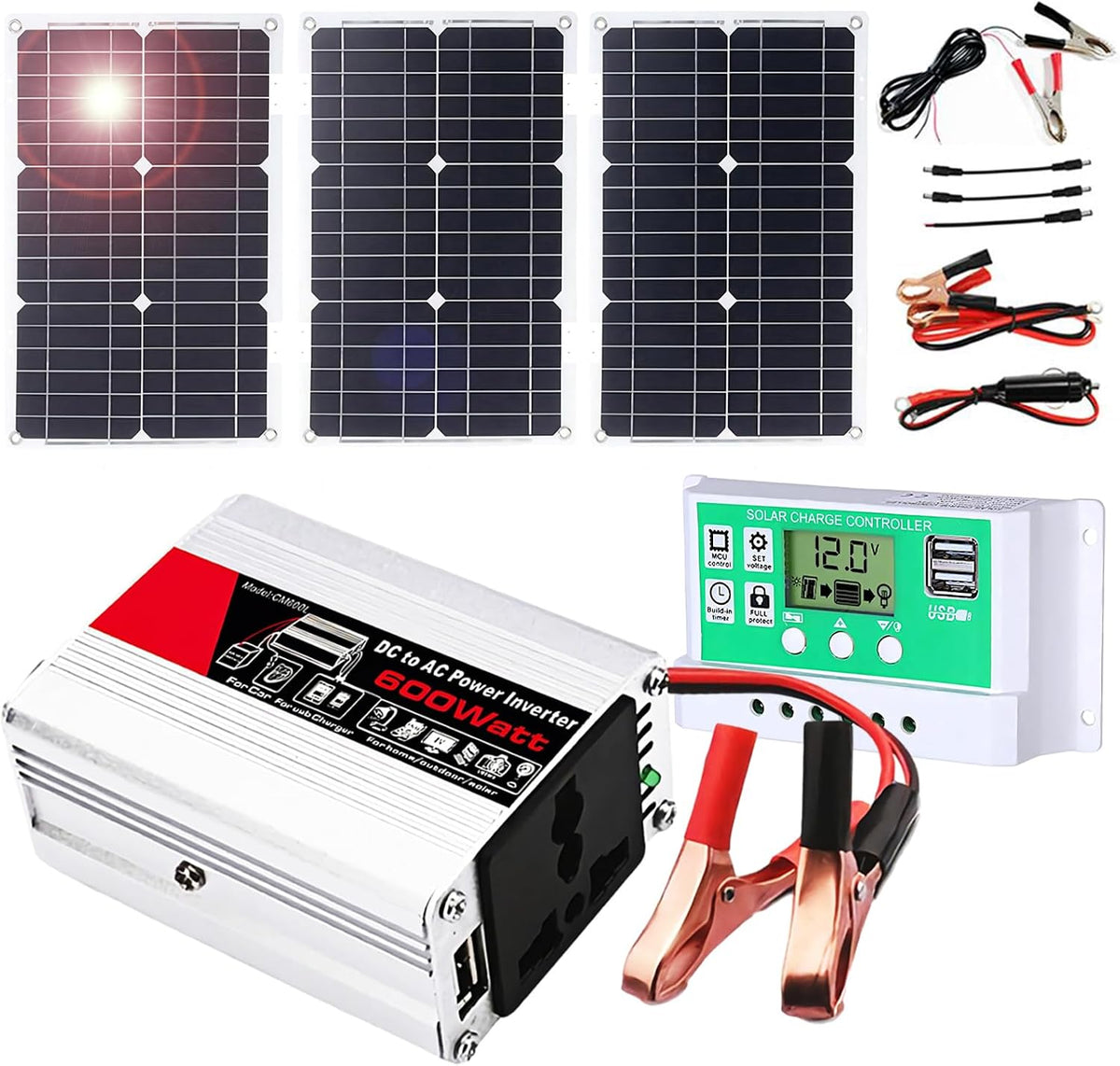PYSyansu Monokristallijne zonnepanel 600W Off, Grid Zonne-omvormer Kit - 18V Monokristallijn Paneel + 50A Controller, voor RV