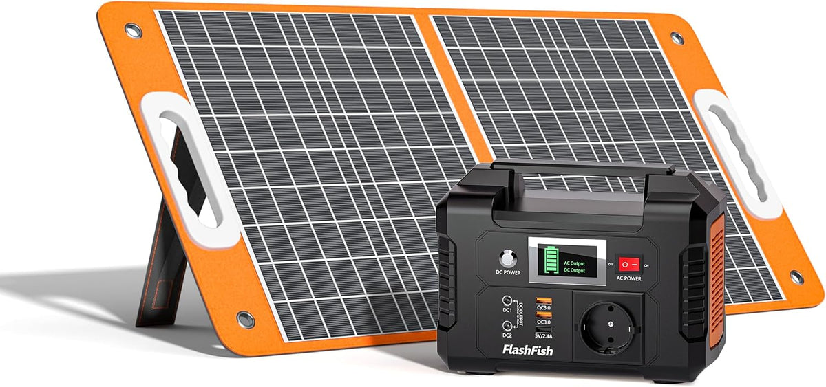 FF Flashfish Aggregat Powerstation, 60 W, 18 V, 200 W powerbank, 230 V draagbaar powerstation, 151 Wh powerstation, met zonnepaneel, zonnepaneel
