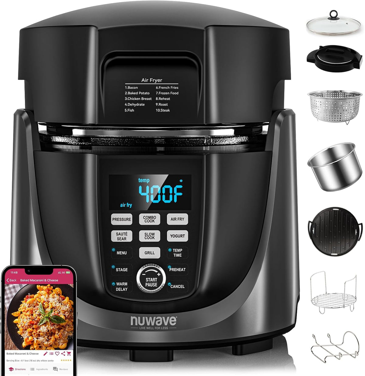 Nuwave Grill Duet Airfryer, 540 IN 1 multicooker, met 3 verwijderbare deksels die langzaam koken, 18/10 SS pot, Lock Safety Tech & 10 Deluxe, sauteren