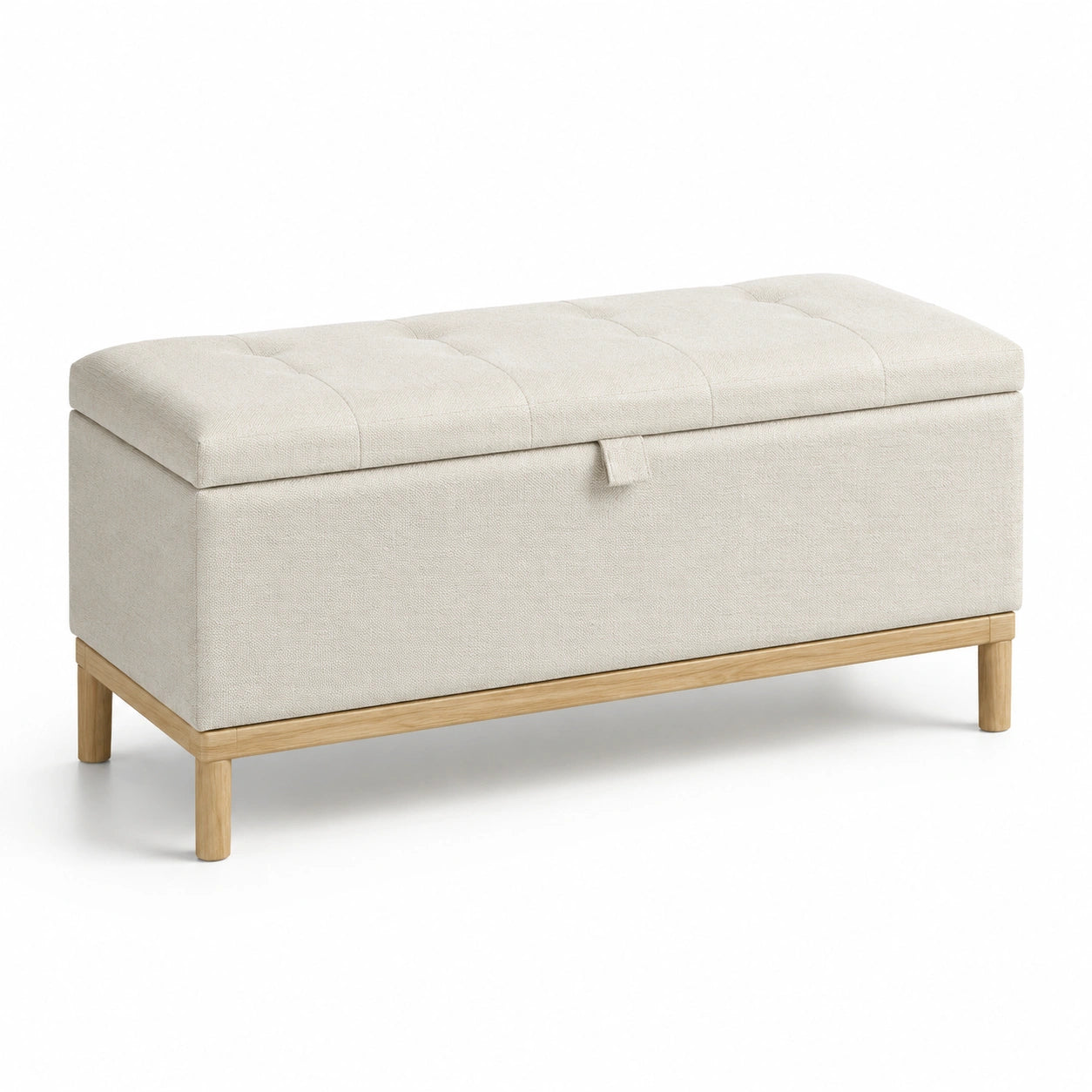 Panca contenitore in tessuto beige con gambe in legno