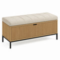 Panca contenitore in legno e metallo con tessuto in poliestere beige
