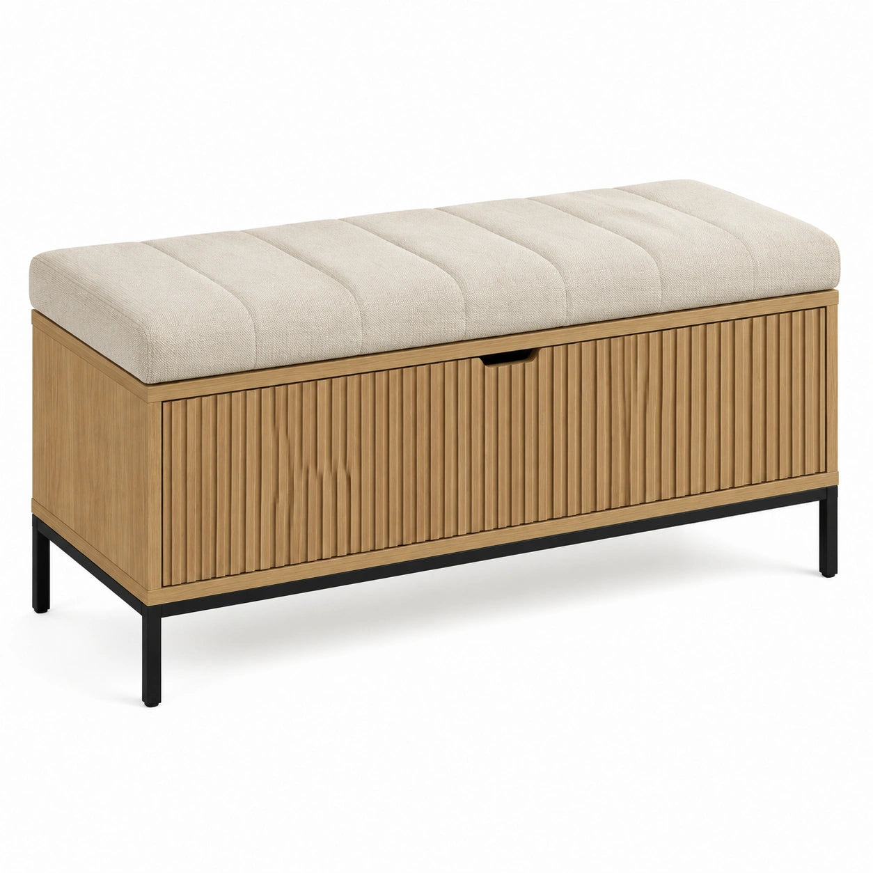 Panca contenitore in legno e metallo con tessuto in poliestere beige