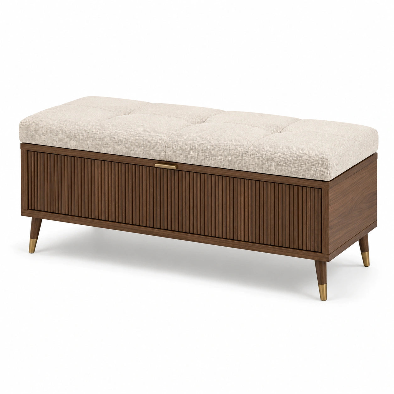 Cassapanca in legno con cuscino in tessuto poliestere marrone e beige
