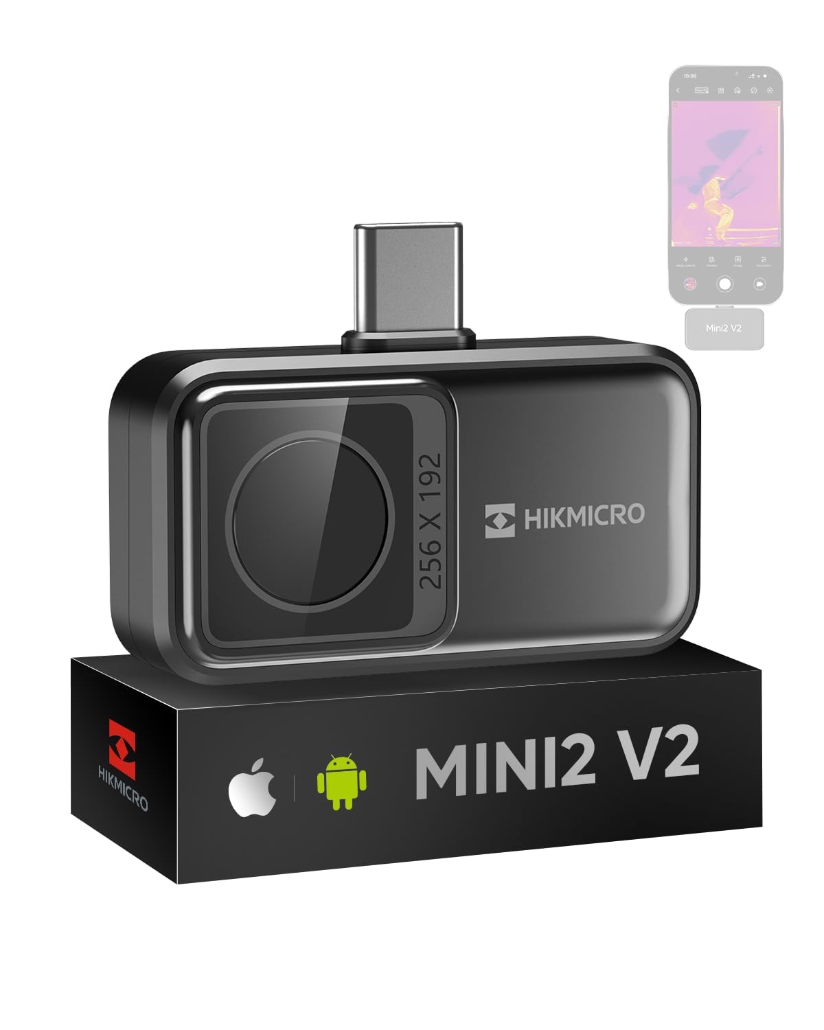 Hikmicro Thermische camera's Mini2 V2 Warmtebeeldcamera, 256×192 IR-resolutie, 512×384 SuperIR, ondersteunt iPhone 15/16, 25Hz, voor Android/iOS, USB