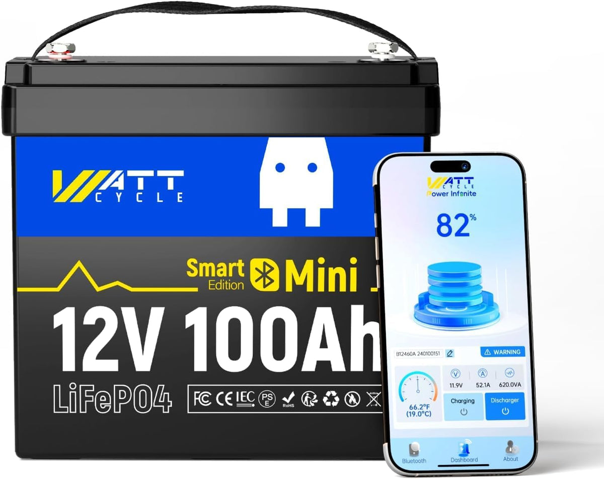 Wattcycle Stationaire accu's 12V 100Ah Mini LiFePO4 Accu, 1280Wh, 100A BMS, met Bluetooth