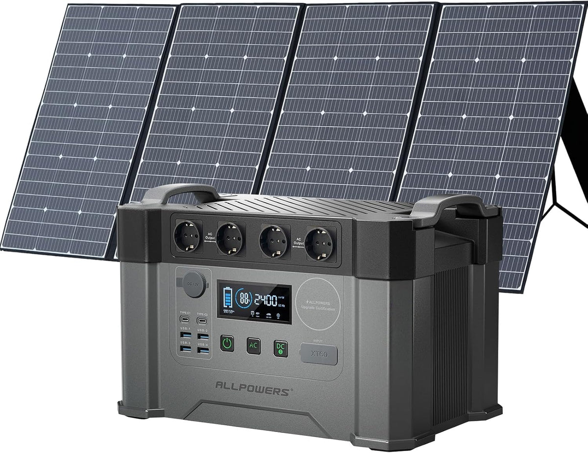 Allpowers Aggregat Generator S2000 Pro, met 400 W zonnepaneel, met 4 x 2400 W AC-uitgangen (4000 W piek), 1451 Wh accu, back-up, voor autorijden