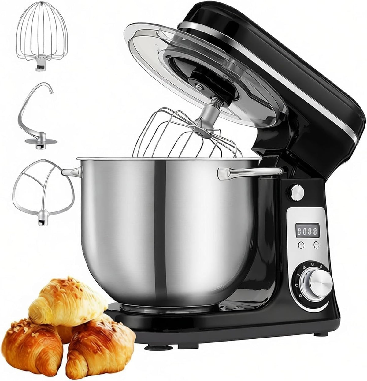 Xrnwohisb Staande mixer 6L keukenmixer, 6 snelheden verstelbaar, slagroom(zwart), met kantelbare kop, met klopper, deeghaak en draadgarde, ideaal