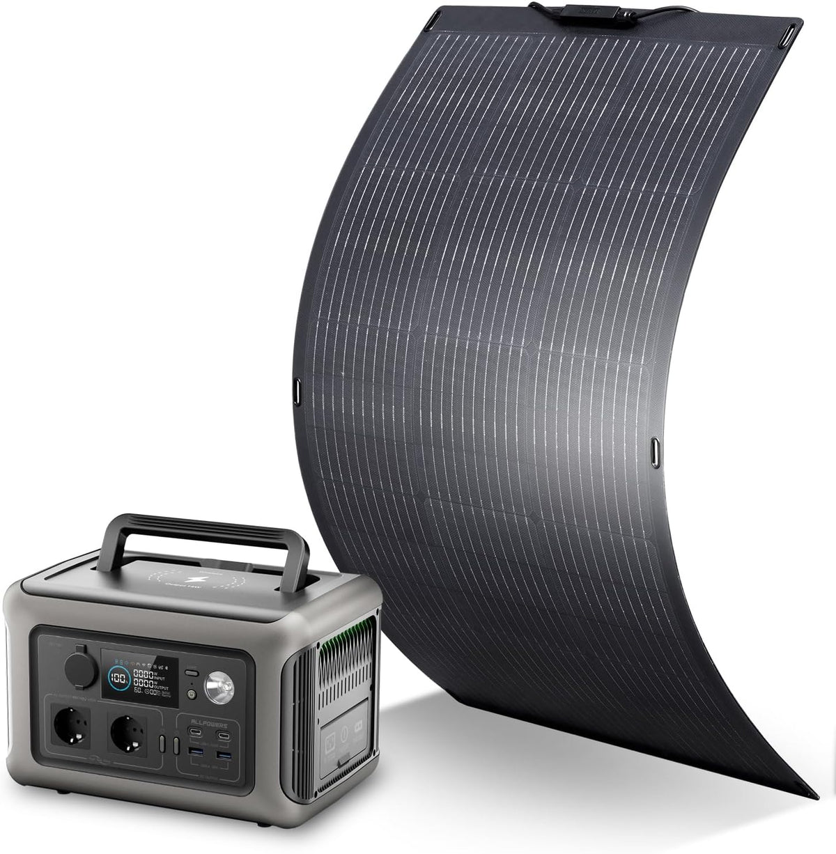 Aggregat Allpowers R600 zonne-generator, 2 x 600 W (1200 W piek), met 100 W flexibel zonnepaneel, 299 Wh LiFePO4-batterij, AC-uitgang, voor tuin