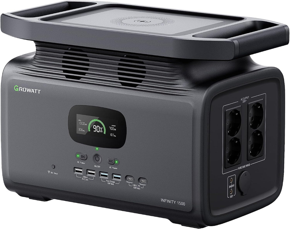 Growatt Aggregat Draagbaar powerstation Infinity 1500, 1512Wh-capaciteit, 4x230V/1800W AC-stopcontacten (piek 3600W), AC-snellading, donkergrijs