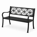 Panchina da giardino in metallo nero con schienale decorato
