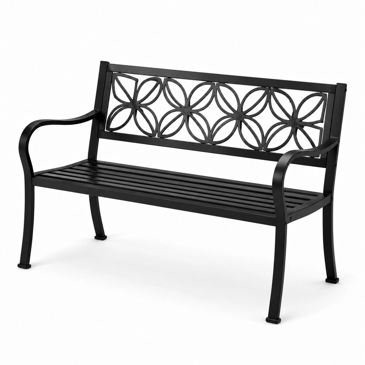 Panchina da giardino in metallo nero con schienale decorato