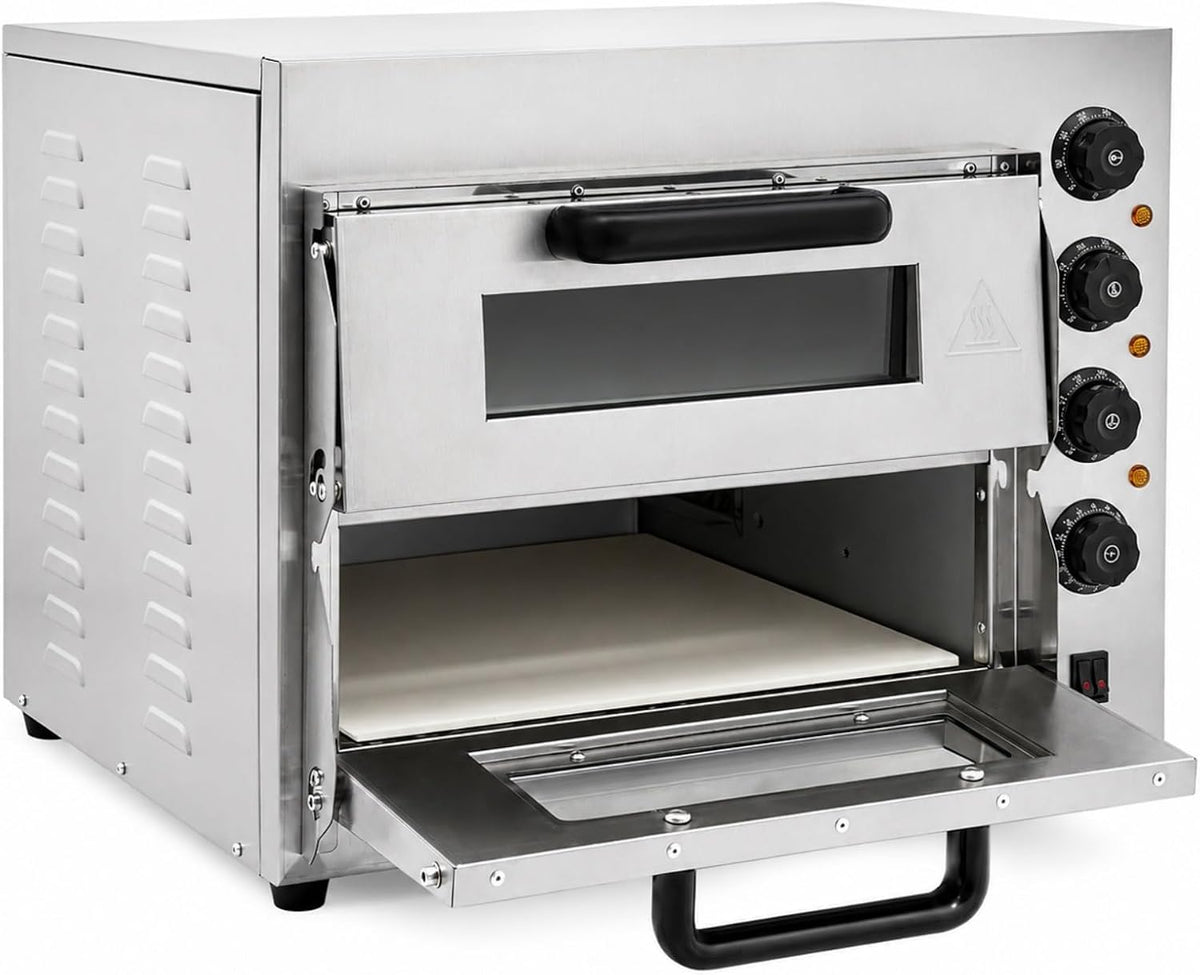 Hikuuer Pizzaoven 2-etages pizza-oven 3000 W professionele temperatuurbereik, met tijdschakelfunctie en anti-verbrandingsgreep