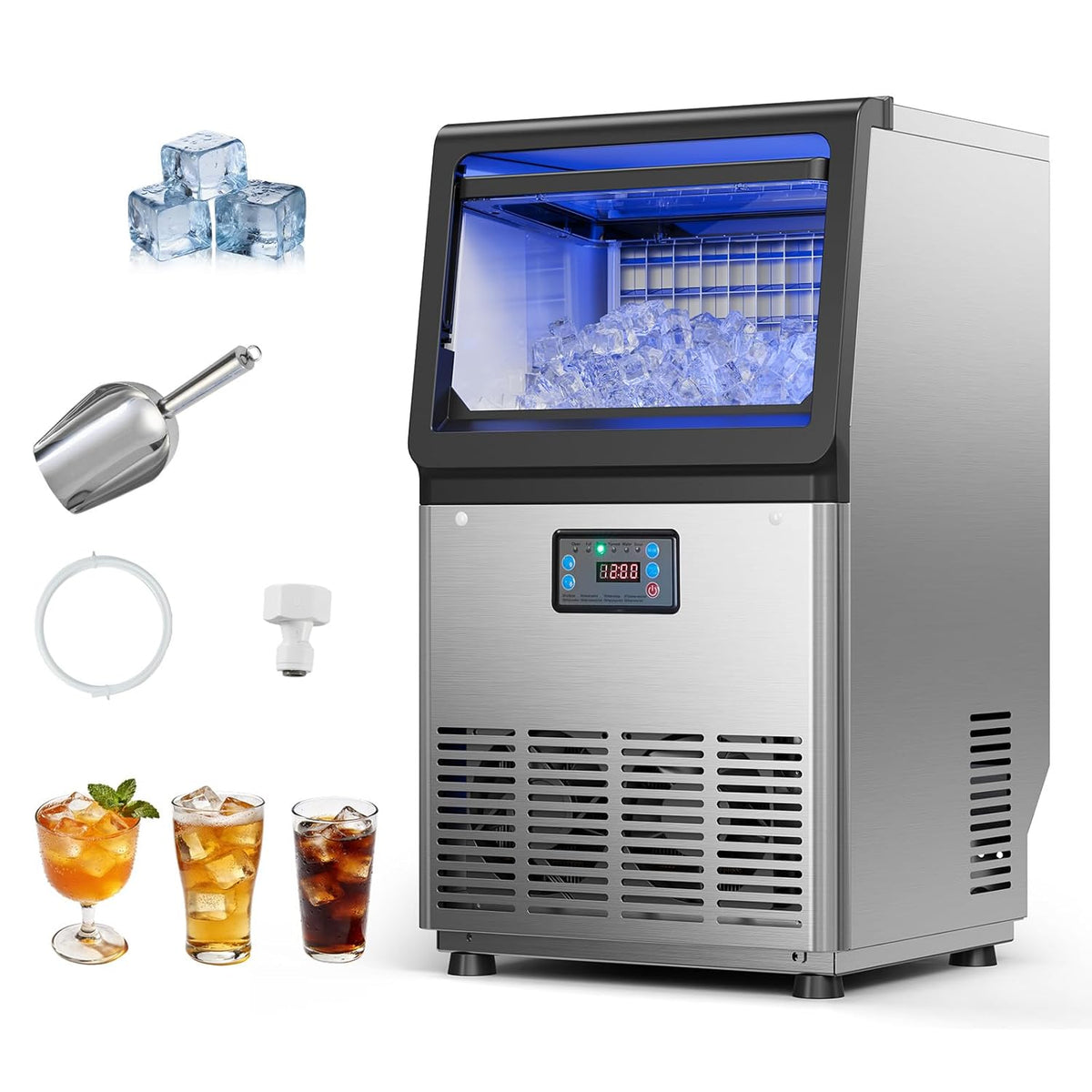 Vevor Ijsmachine Commerciële, 36 kg/dag, met led-display en zelfreiniging, ijsblokjesmaker, roestvrijstalen behuizing, onderbouw-ijsblokjesmachine