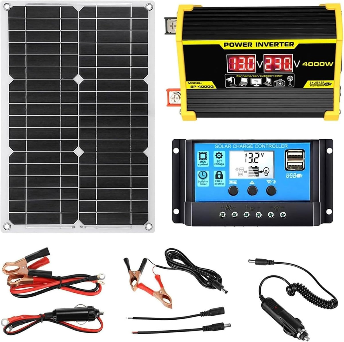 Javptav Monokristallijne zonnepanel Zonnepaneelkit, met MPPT-laadregelaar en pure sinusgolfomvormer - compleet off-grid-stroomsysteem, voor camper