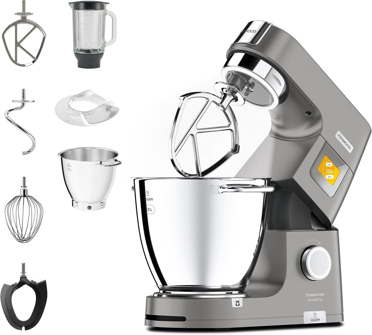 Kenwood Keukenmachine Titanium Chef Patissier XL, met 7L EasyWarm kom, 1400 Watt, KWL90.034SI, ingebouwde weegschaal en blender, RVS, Zilverkleur