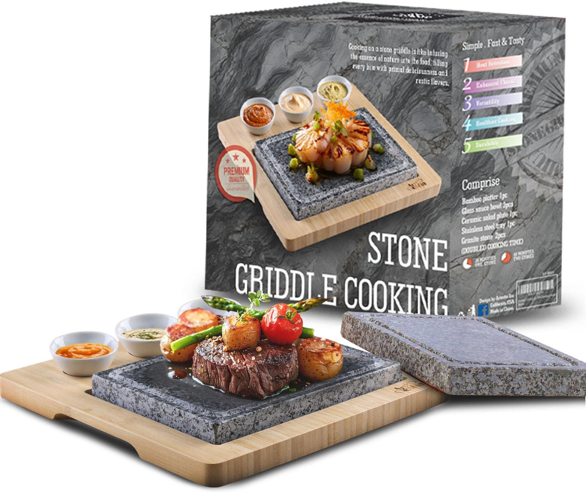 Artestia Grill Kookstenen, voor Biefstuk, Indoor Grill Hot Stone Set, Cooking, voor Barbecue/BBQ/Hibachi/Steak (Een Deluxe Set, met Twee Stenen)