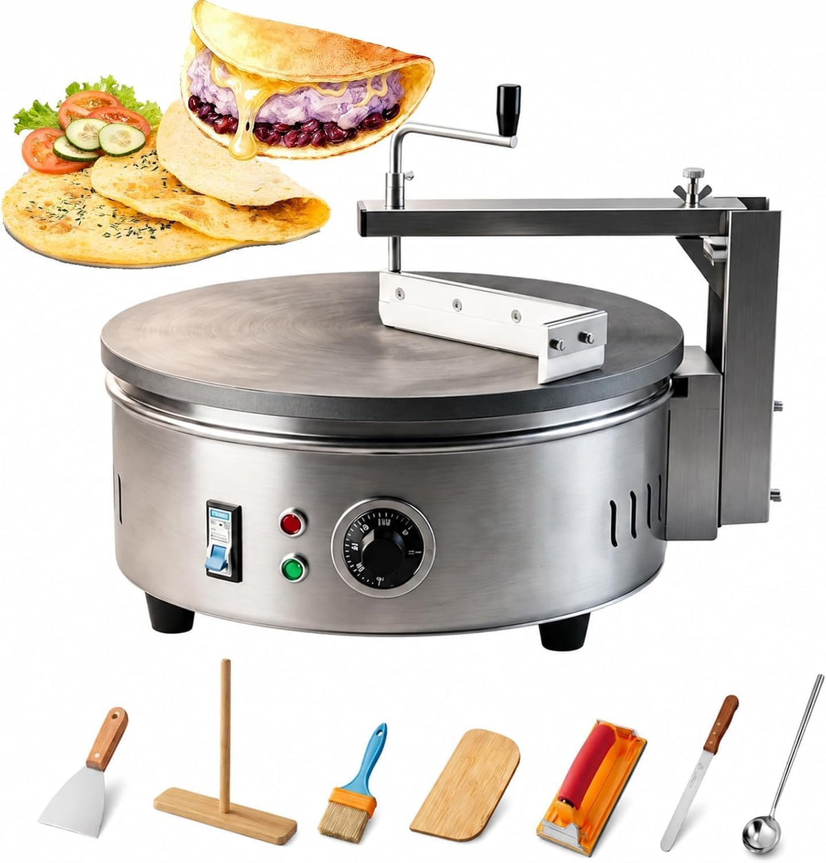 Eoweiot Grill Commerciële elektrische crêpe-maker 220V, 40 cm antiaanbaklaag roestvrijstalen bakplaat, 7 accessoires, instelbare temperatuur