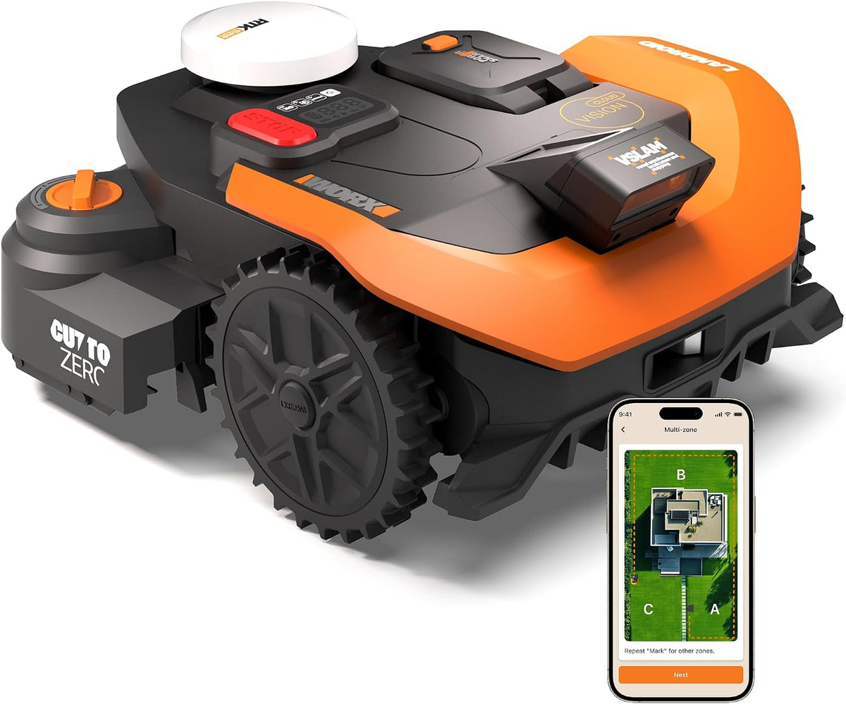 Robotmaaier WORX Landroid Vision Cloud WR312E 2WD robotgrasmaaier, voor 1200 m2, zonder begrenzingsdraad, (AI-obstakelherkenning, Auto, Mapping, Zero)