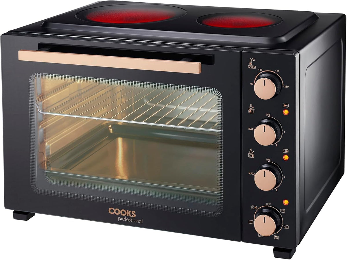 Cooks Professional Mini-oven Draagbare, 48 liter inhoud, zwart en koper, met keramische kookplaten, elektrische tafelfornuis, met twee kookplaten