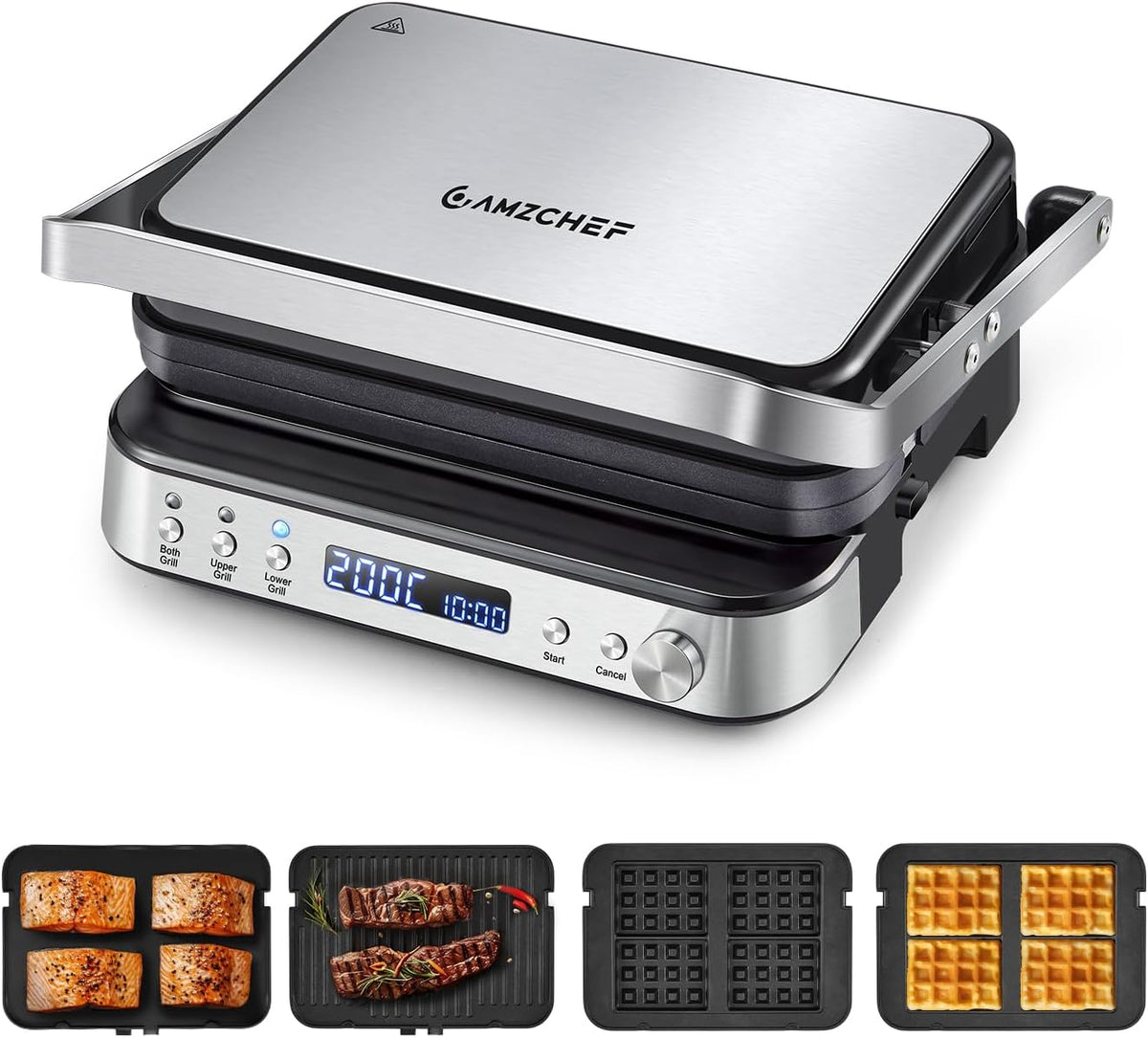 Amzchef Grill 4-in-1 machine (contactgrill, 2000 W, met 4 afneembare platen, zwart en zilver, Griddle, wafelijzer, sandwichmaker), met antiaanbaklaag