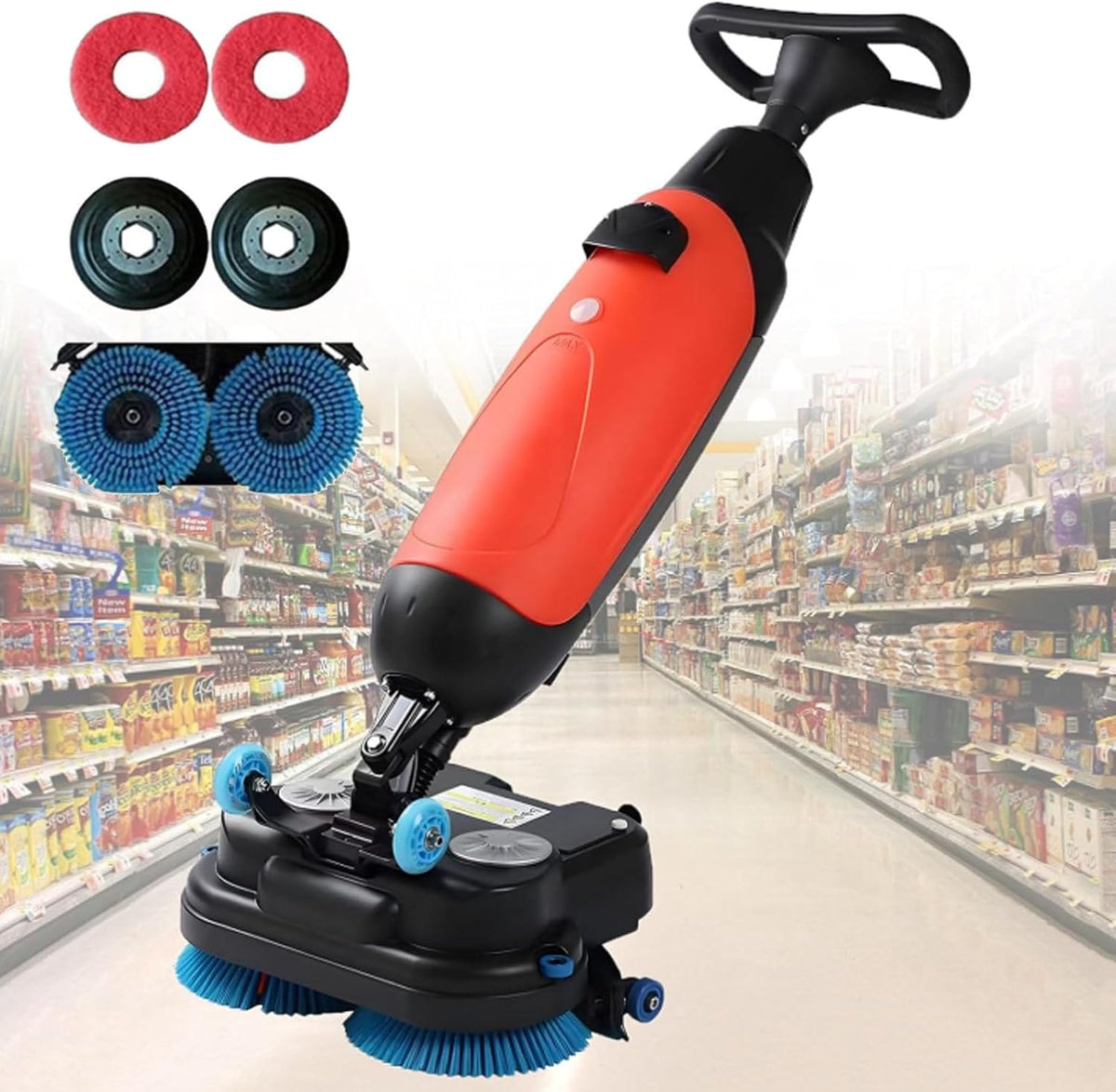 Hydravex Vloerreinigingsmachine Professionele vloerschrobber, 43 cm breed, met dubbele borstels en 360° draaibare kop, geschikt, loopmodel, voor thuis