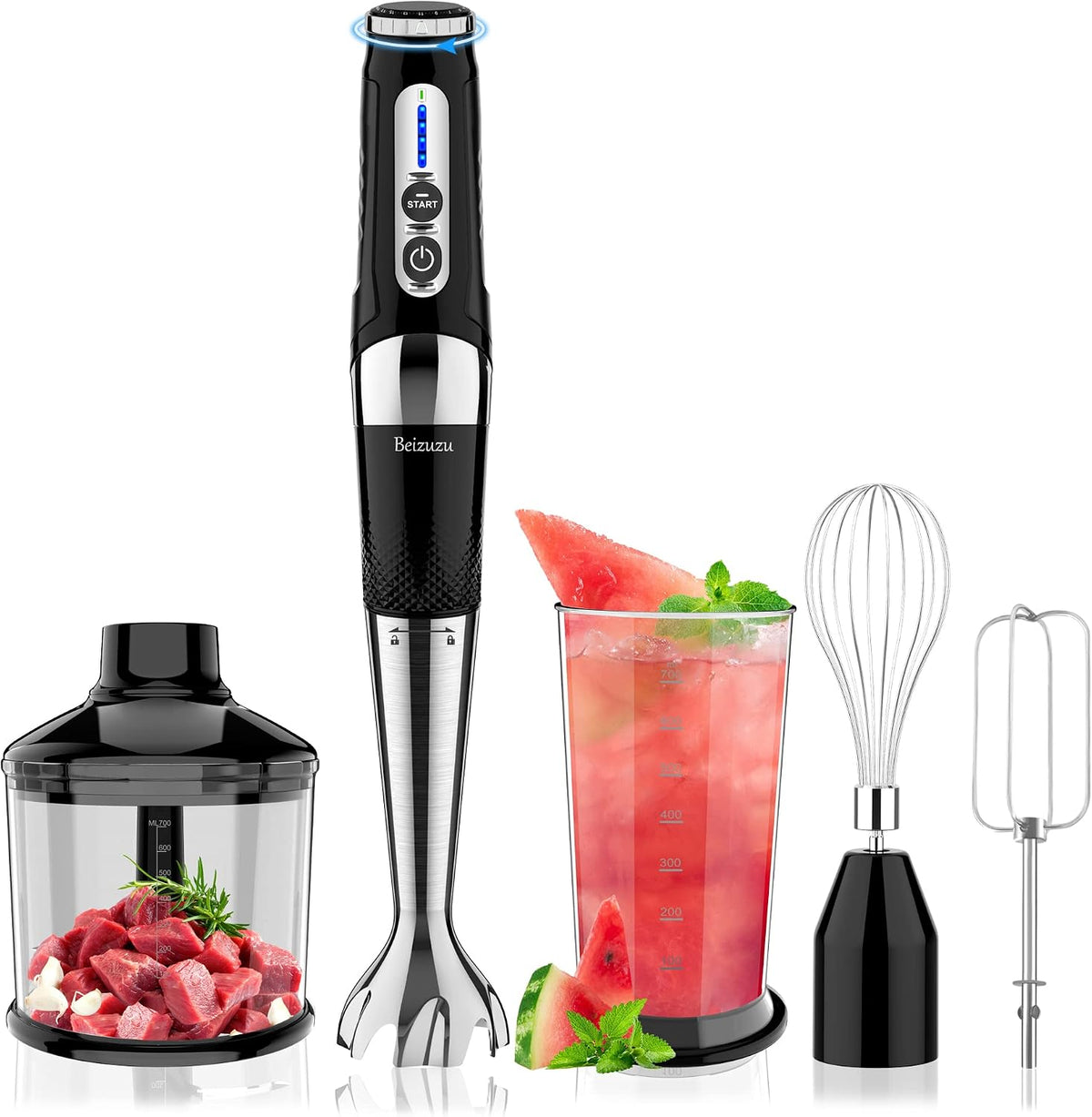 Beizuzu Blender Draadloze staafmixer: 4-in-1 oplaadbare draadloze, 21-snelheden en 3-hoekig verstelbaar, met 304 roestvrijstalen messen, hakmolen